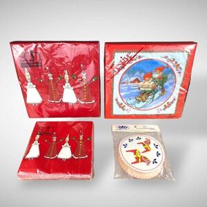 Scandinavian NOS Paper Napkins & Coasters Vintage Dala Horse Gnomes Lucia‎